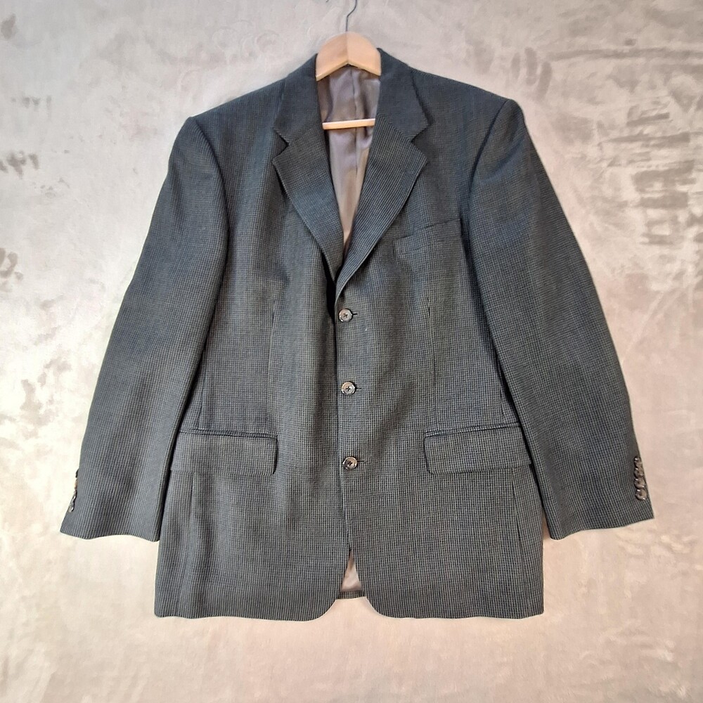 Oscar De La Renta Suit Jacket Mens 42R Gray Check Ventless 3 Button Business